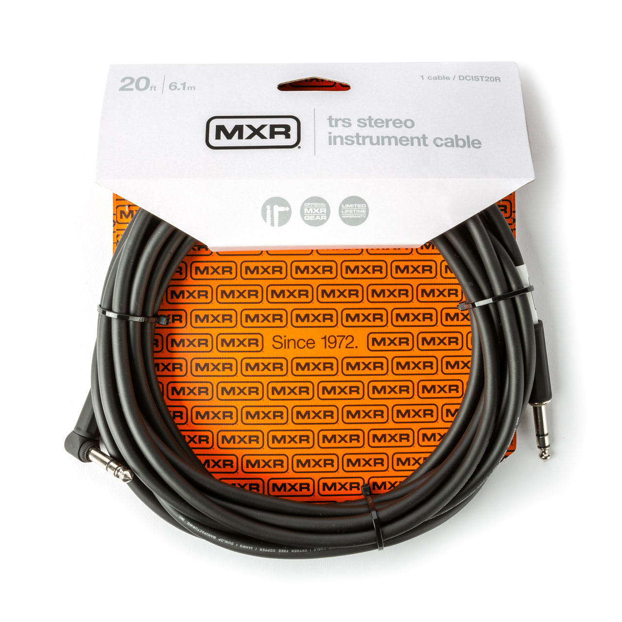 MXR 20 Foot TRS Stereo Cable Right Angle to Straight